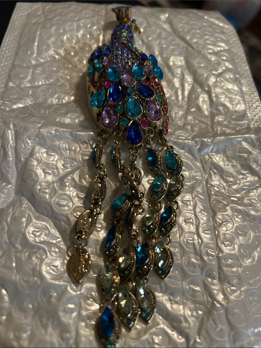 Gold-Tone Multicolor Crystal Peacock Brooch with Cascading Drops